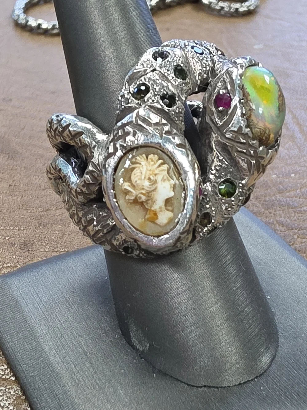 Sterling Silver Opal & Cameo Double-Headed Serpent Ring - Green Accents
